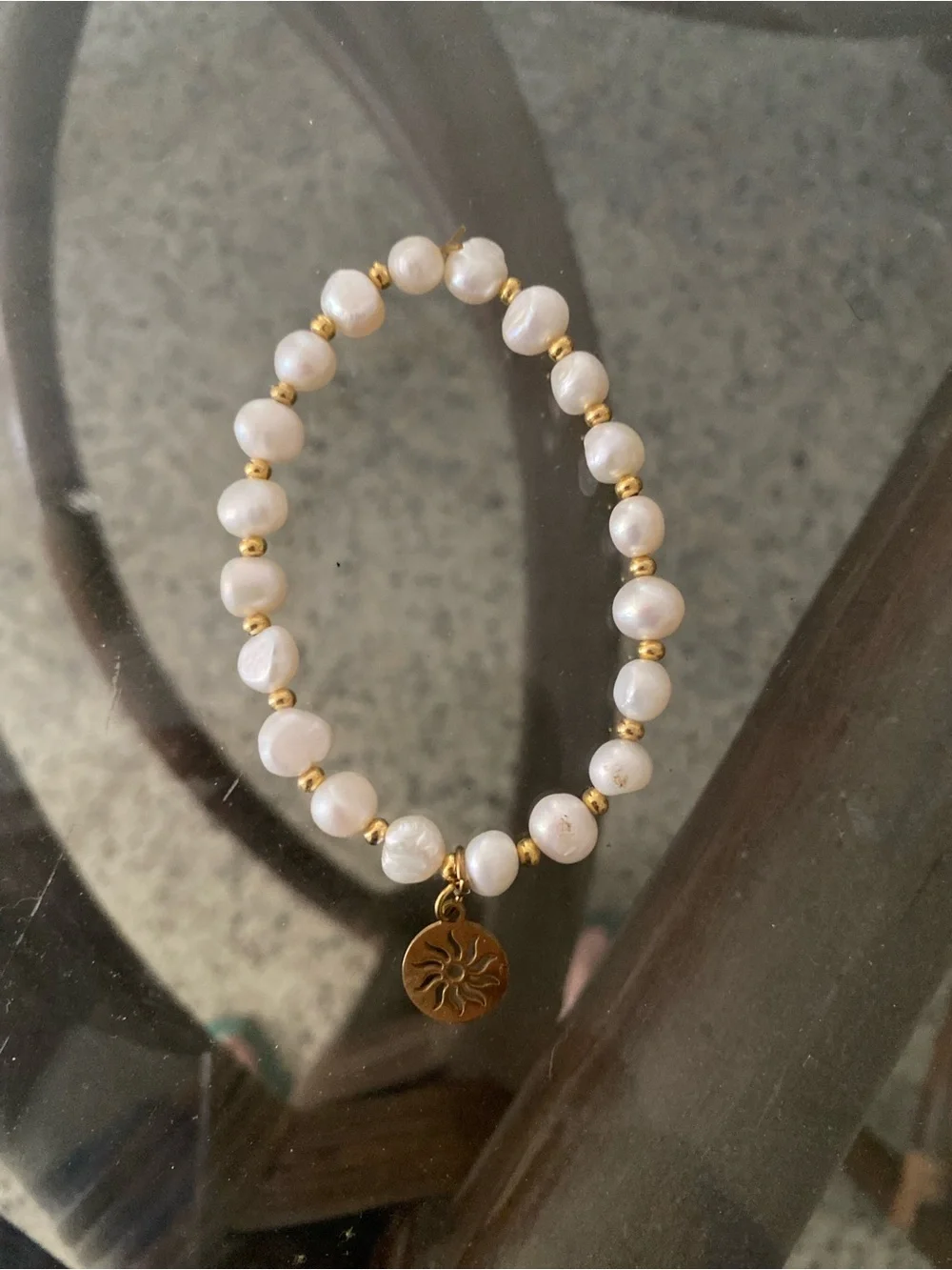 Cultured Pearl and Gold Bead Bracelet with Sun Charm - White